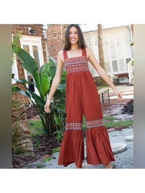 NATURAL LIFE Rust Boho Smocked Wide-Leg Jumpsuit
